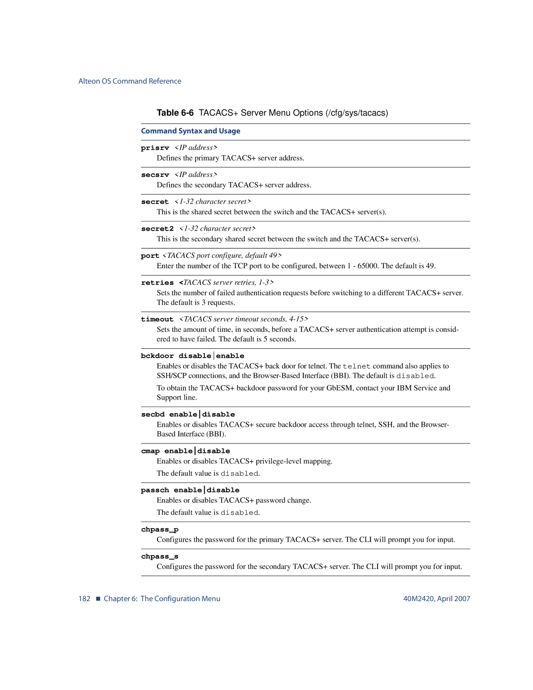 Nortel Networks 40M2420 manual 6TACACS+ Server Menu Options /cfg/sys/tacacs, Secbd enabledisable, Cmap enabledisable 