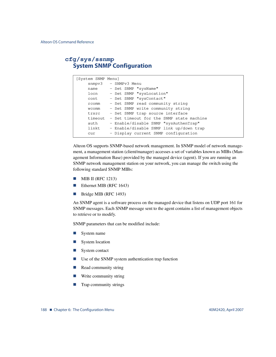 Nortel Networks 40M2420 manual Cfg/sys/ssnmp, System Snmp Configuration 