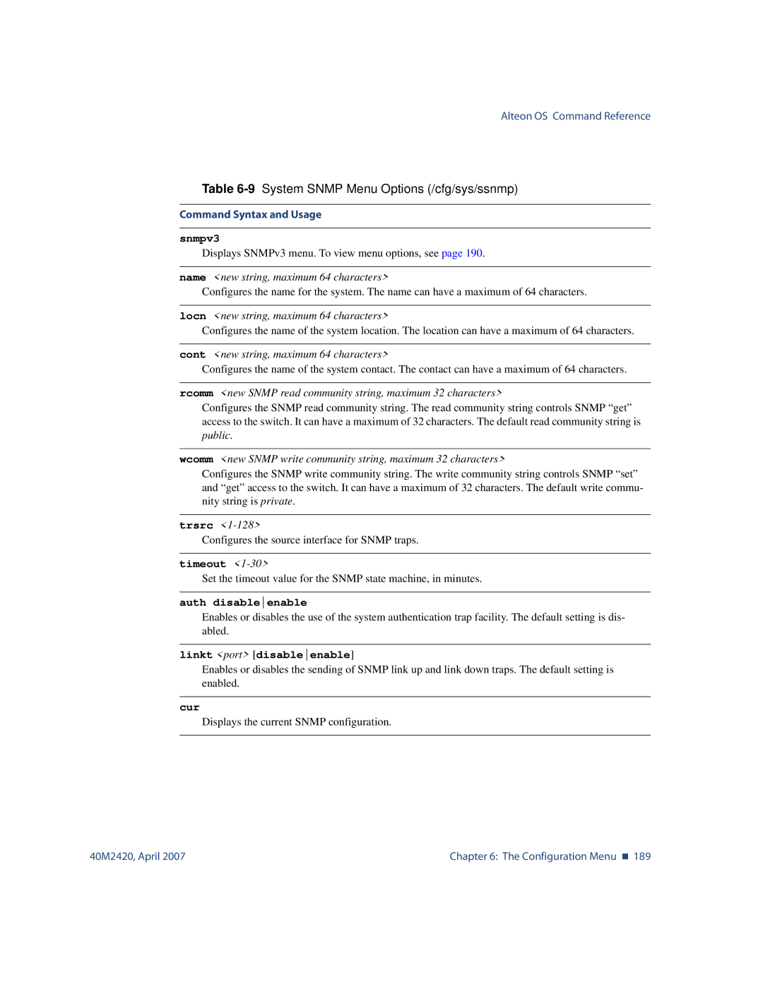 Nortel Networks 40M2420 9System Snmp Menu Options /cfg/sys/ssnmp, Timeout, Auth disableenable, Linkt port disableenable 