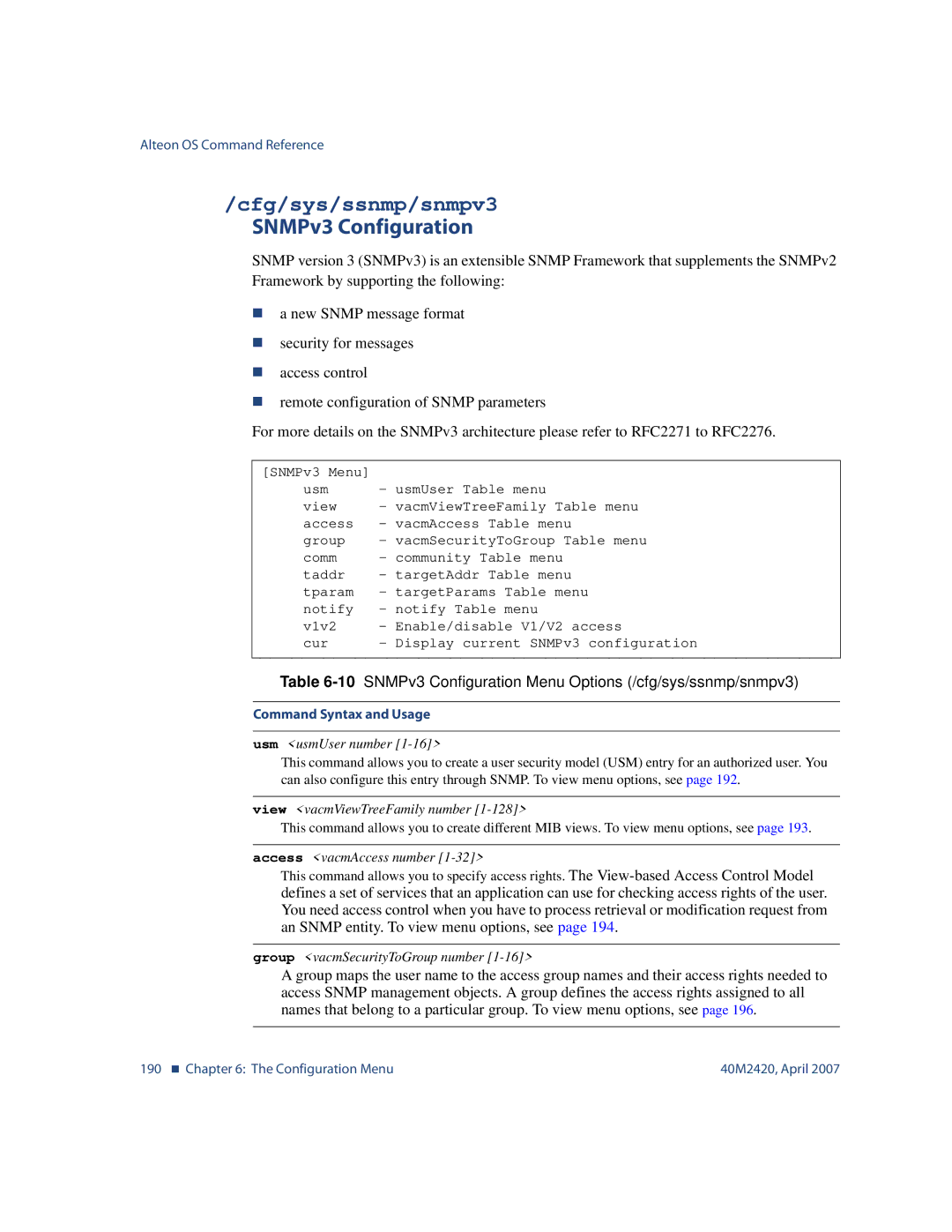 Nortel Networks 40M2420 manual Cfg/sys/ssnmp/snmpv3, SNMPv3 Configuration 