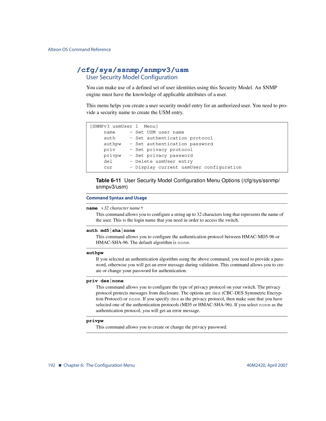 Nortel Networks 40M2420 manual Cfg/sys/ssnmp/snmpv3/usm, User Security Model Configuration 