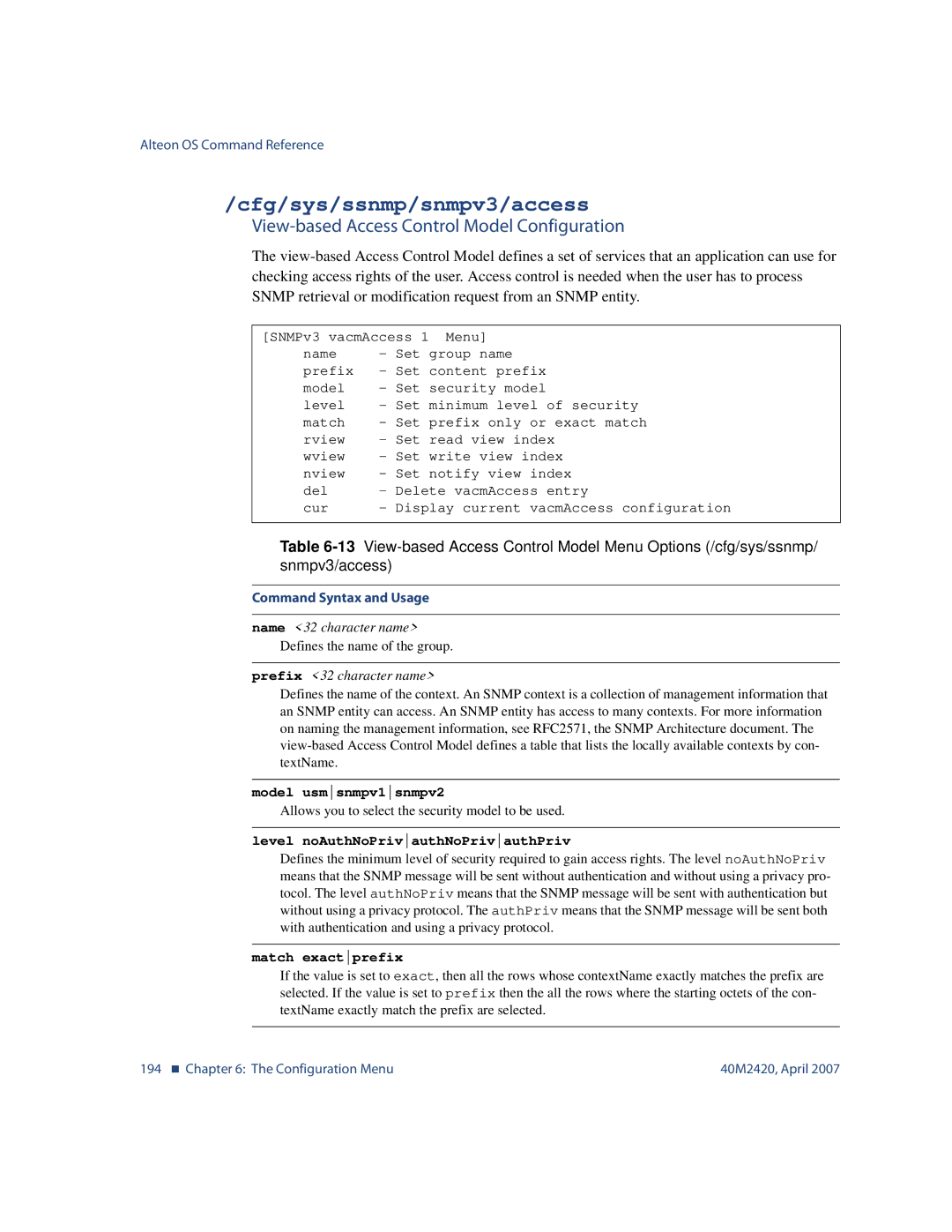 Nortel Networks 40M2420 Cfg/sys/ssnmp/snmpv3/access, View-based Access Control Model Configuration, Model usmsnmpv1snmpv2 