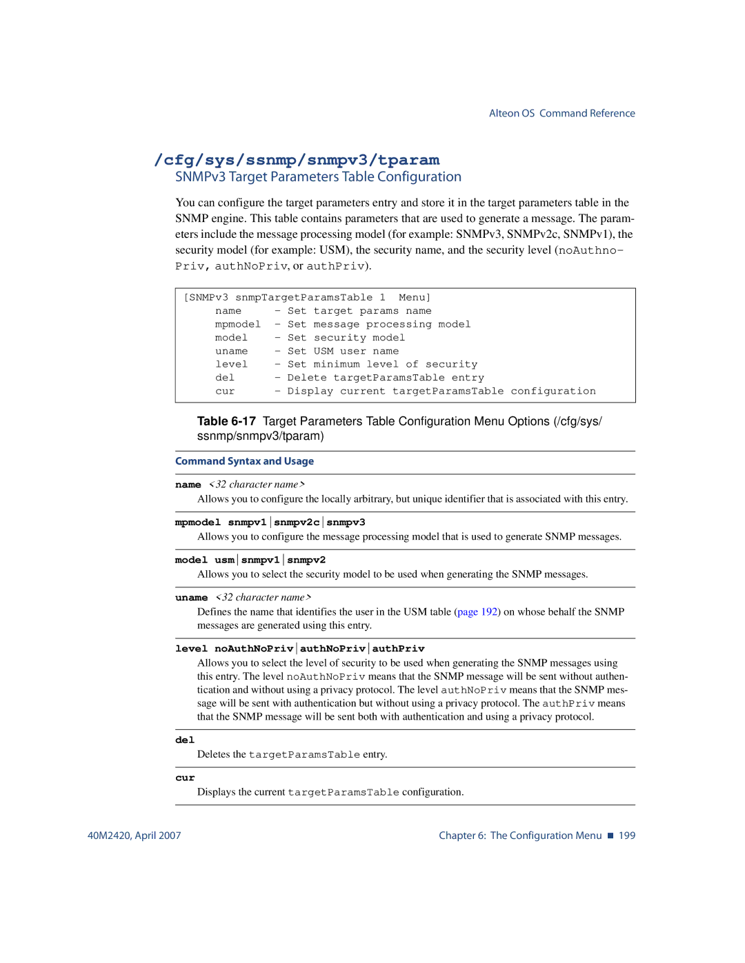 Nortel Networks 40M2420 manual Cfg/sys/ssnmp/snmpv3/tparam, SNMPv3 Target Parameters Table Configuration 