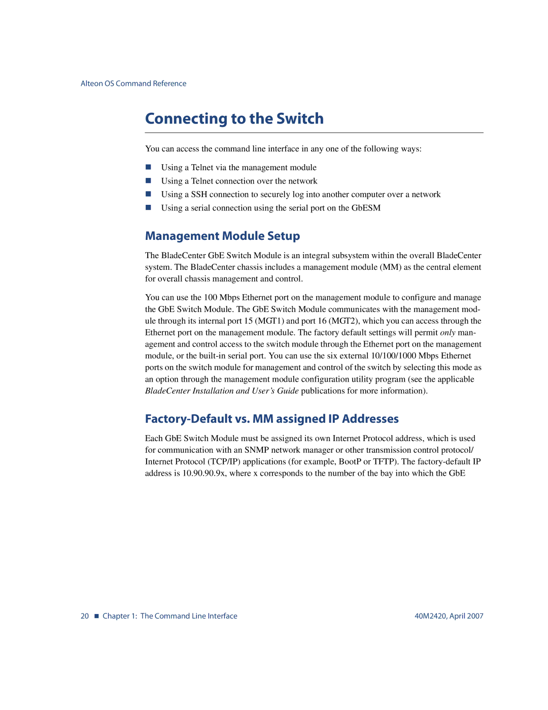 Nortel Networks 40M2420 Connecting to the Switch, Management Module Setup, Factory-Default vs. MM assigned IP Addresses 