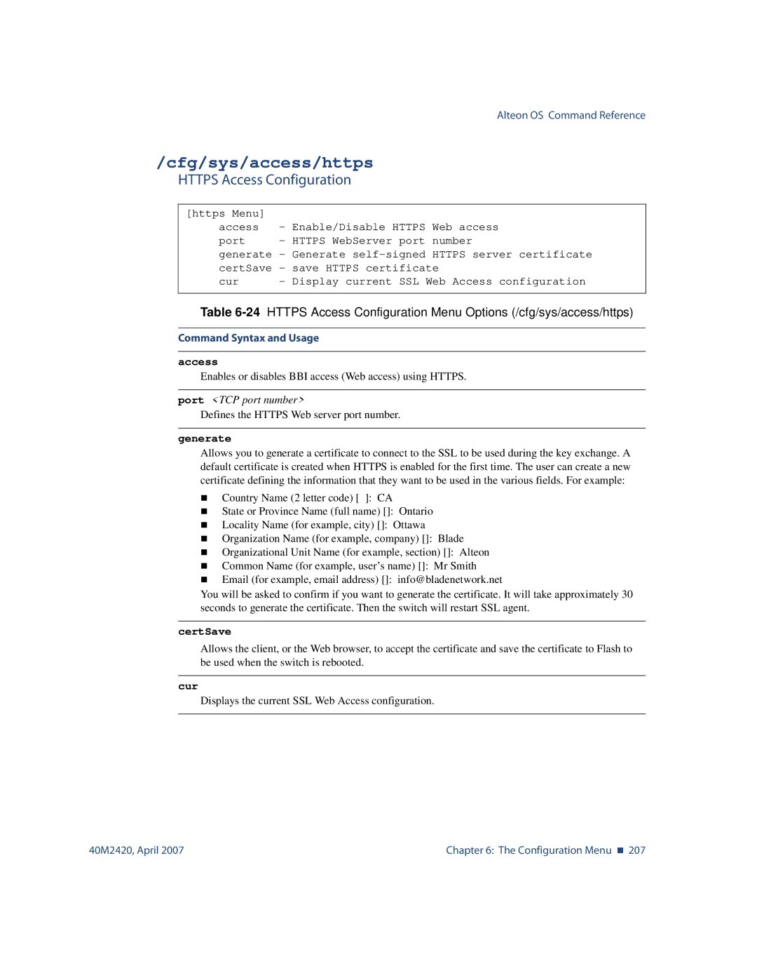 Nortel Networks 40M2420 manual Cfg/sys/access/https, Https Access Configuration, Port TCP port number, Generate, CertSave 