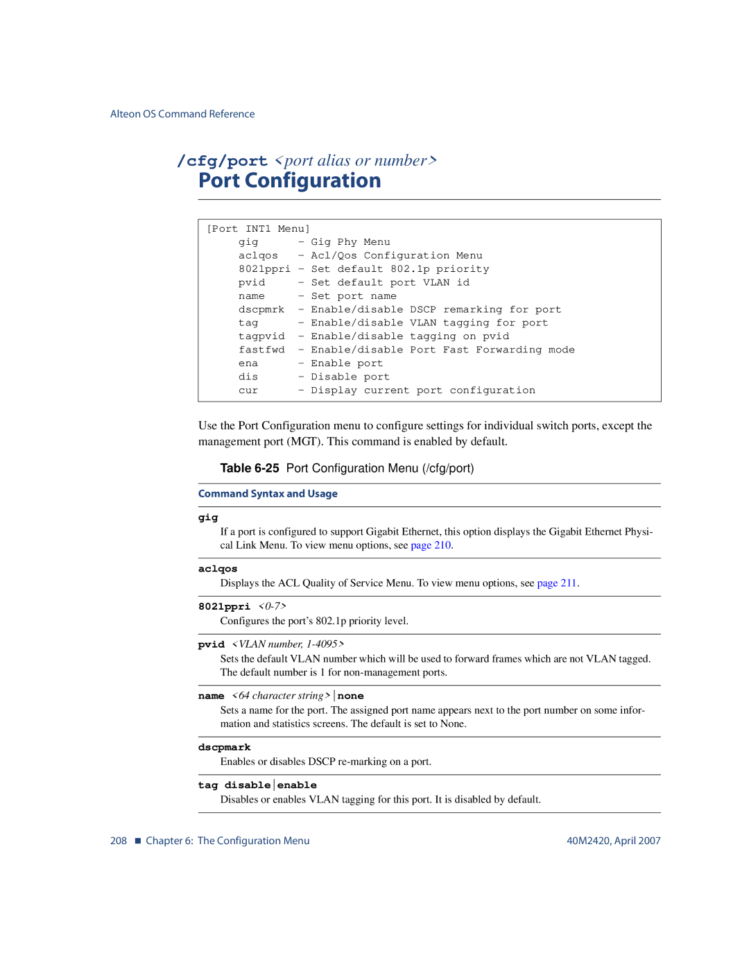 Nortel Networks 40M2420 manual 25Port Configuration Menu /cfg/port 