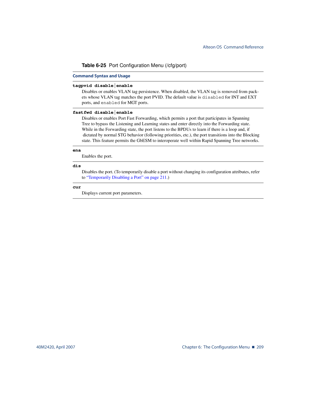 Nortel Networks 40M2420 manual Tagpvid disableenable, Fastfwd disableenable 