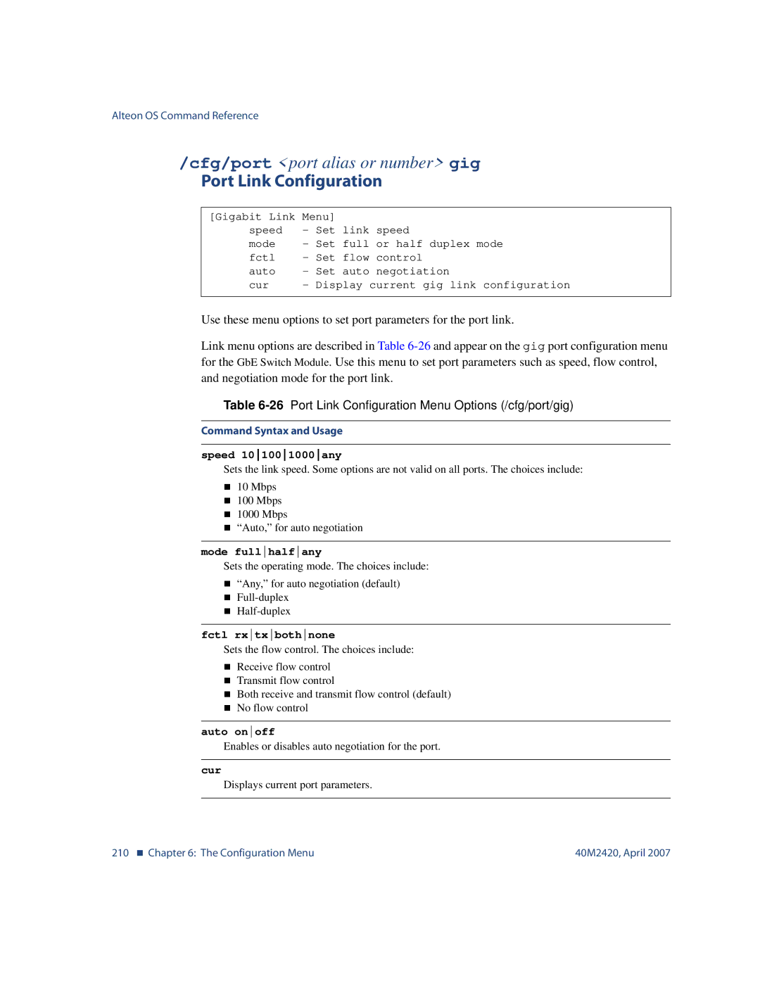 Nortel Networks 40M2420 manual 26Port Link Configuration Menu Options /cfg/port/gig 