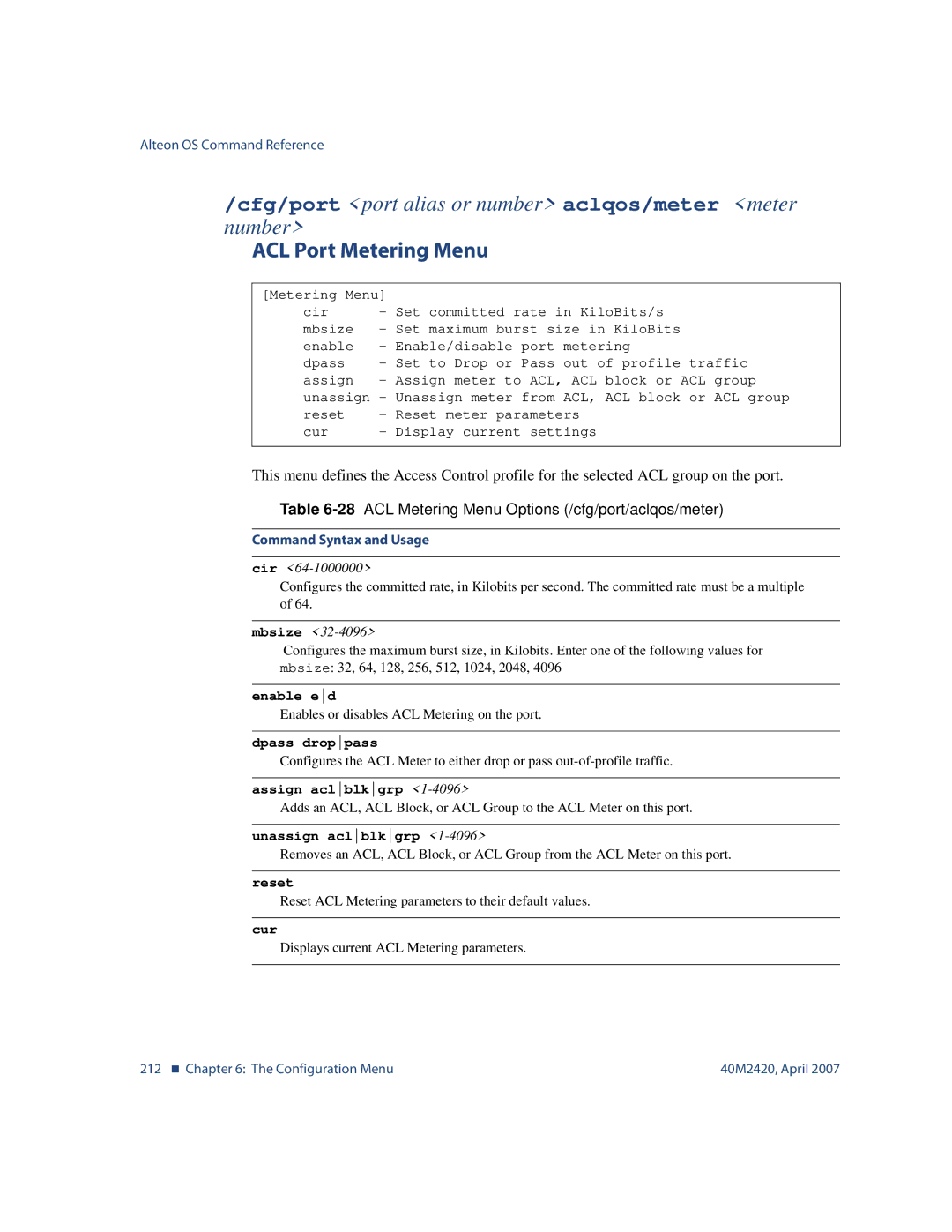 Nortel Networks 40M2420 manual ACL Port Metering Menu, 28ACL Metering Menu Options /cfg/port/aclqos/meter 