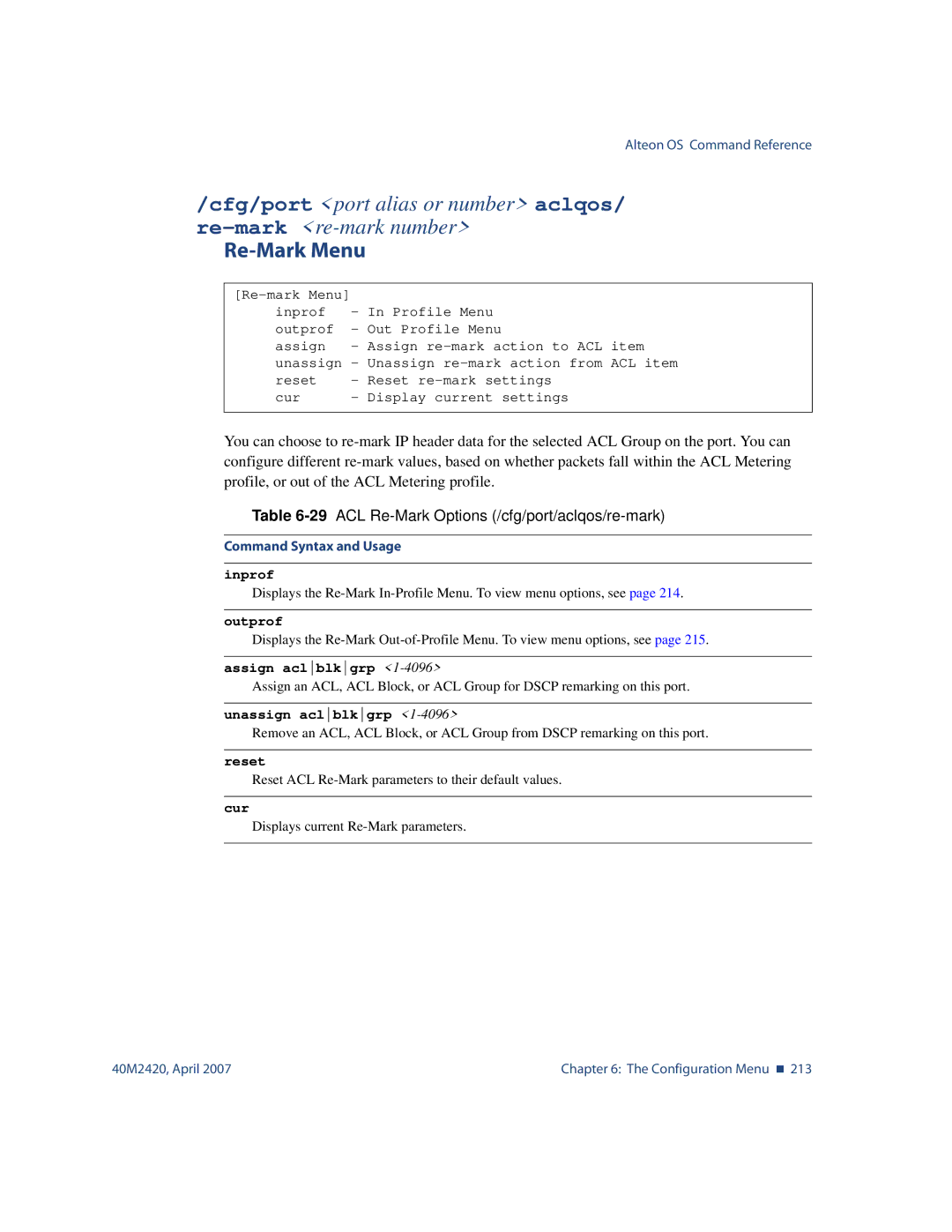 Nortel Networks 40M2420 manual Re-Mark Menu, 29ACL Re-Mark Options /cfg/port/aclqos/re-mark, Inprof, Outprof 