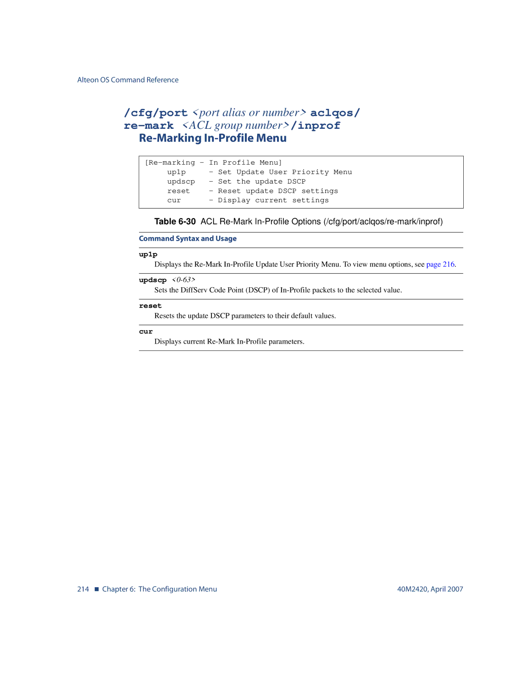 Nortel Networks 40M2420 manual Re-Marking In-Profile Menu, Up1p, Updscp 