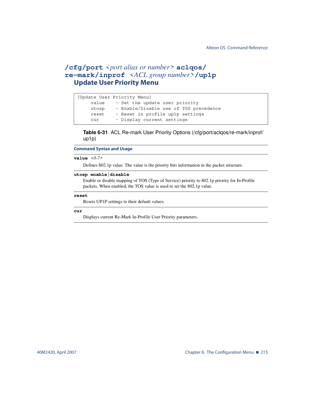 Nortel Networks 40M2420 manual Update User Priority Menu, Value, Utosp enabledisable 