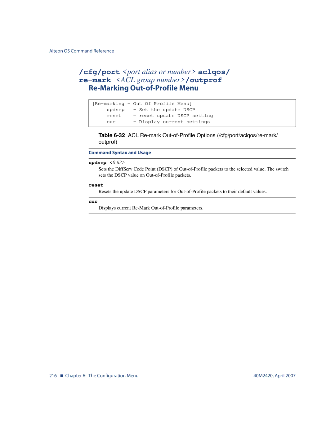 Nortel Networks 40M2420 manual Re-Marking Out-of-Profile Menu 