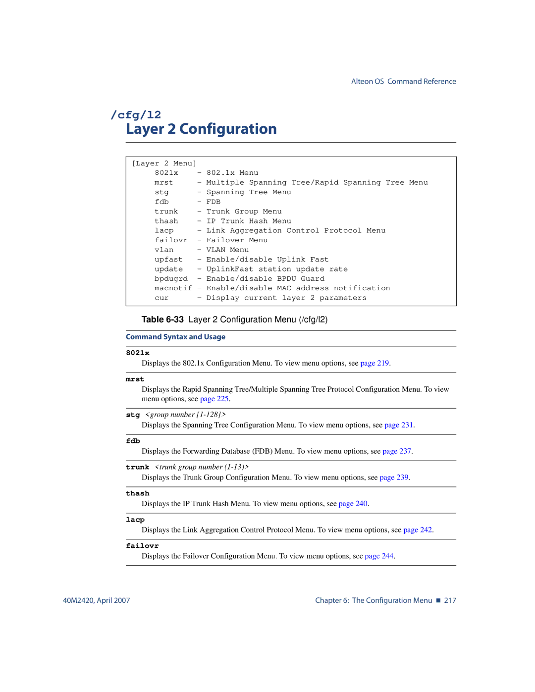 Nortel Networks 40M2420 manual Cfg/l2, 33Layer 2 Configuration Menu /cfg/l2 