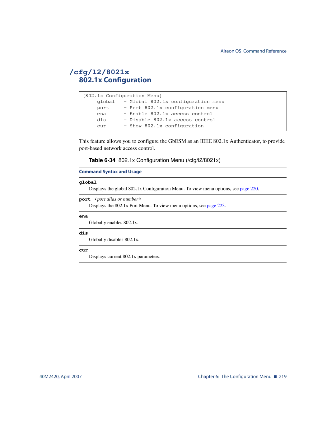 Nortel Networks 40M2420 manual Cfg/l2/8021x, 34802.1x Configuration Menu /cfg/l2/8021x, Global 