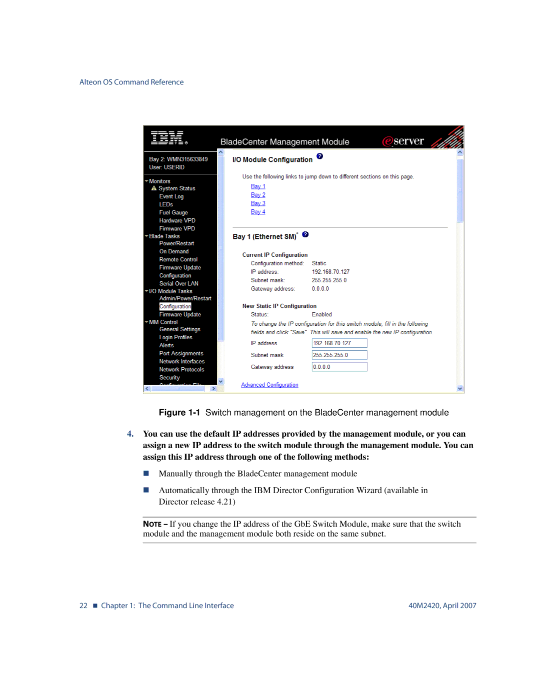 Nortel Networks 40M2420 manual 1Switch management on the BladeCenter management module 