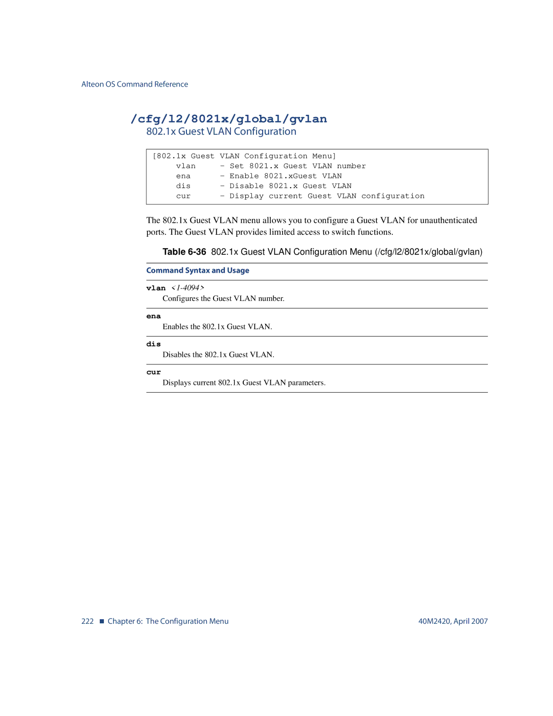 Nortel Networks 40M2420 manual Cfg/l2/8021x/global/gvlan, 802.1x Guest Vlan Configuration 