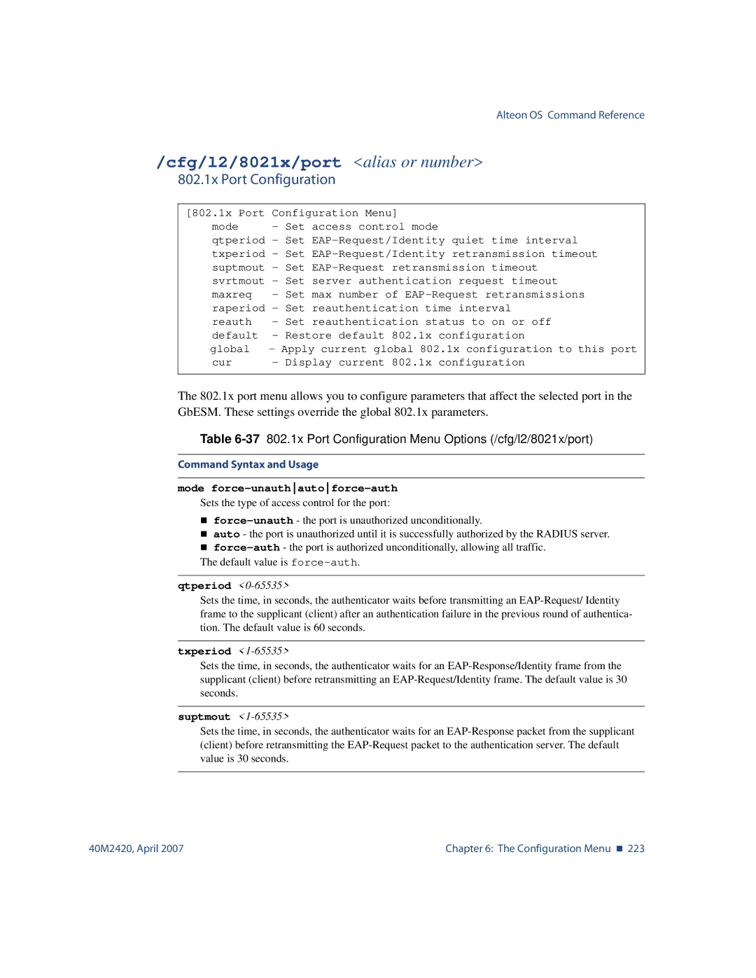 Nortel Networks 40M2420 manual Cfg/l2/8021x/port alias or number, 802.1x Port Configuration 