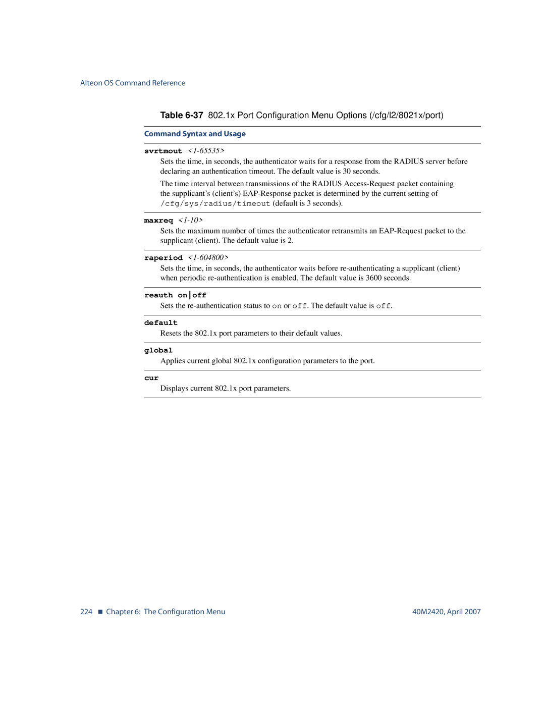 Nortel Networks 40M2420 manual 224 „ The Configuration Menu 