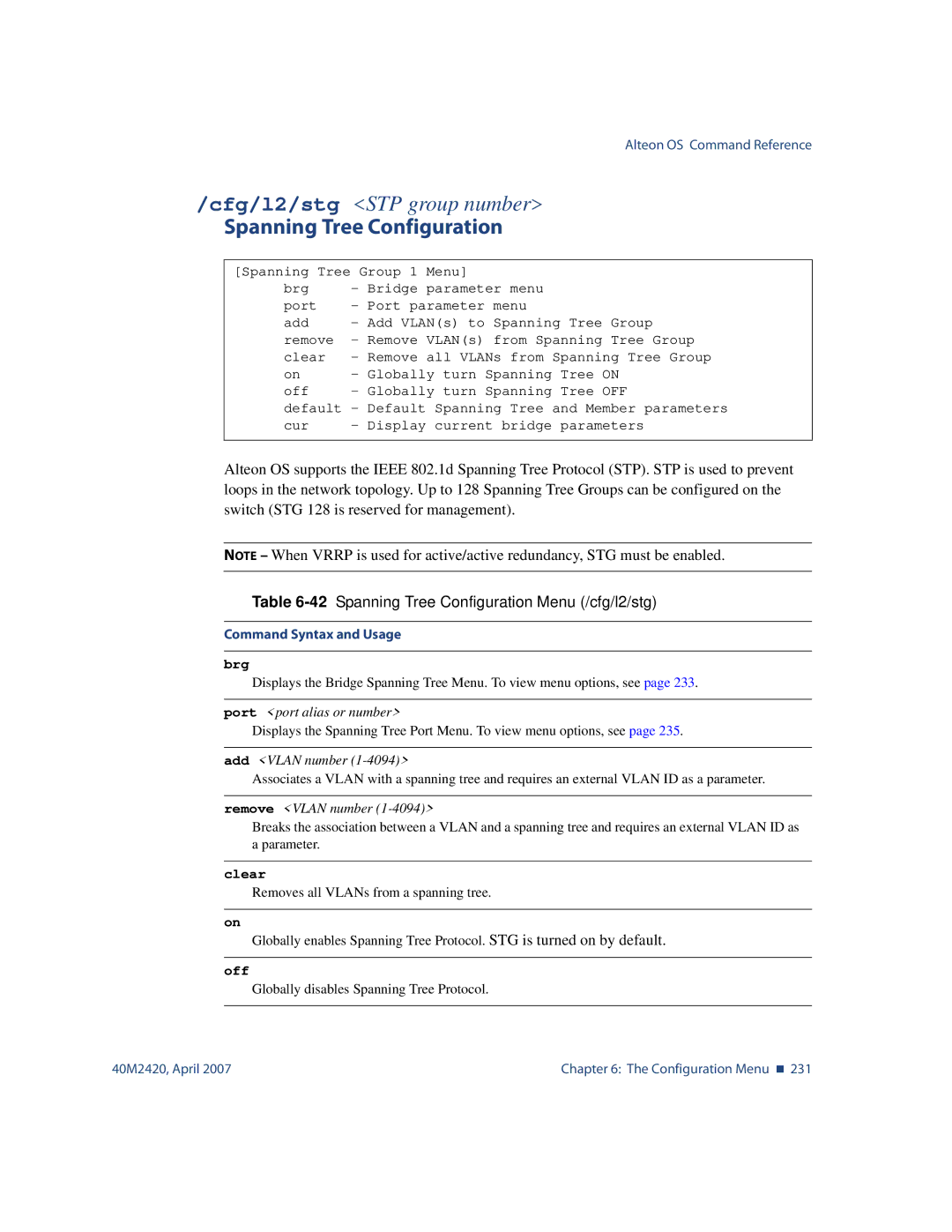 Nortel Networks 40M2420 manual 42Spanning Tree Configuration Menu /cfg/l2/stg, Add Vlan number, Remove Vlan number 