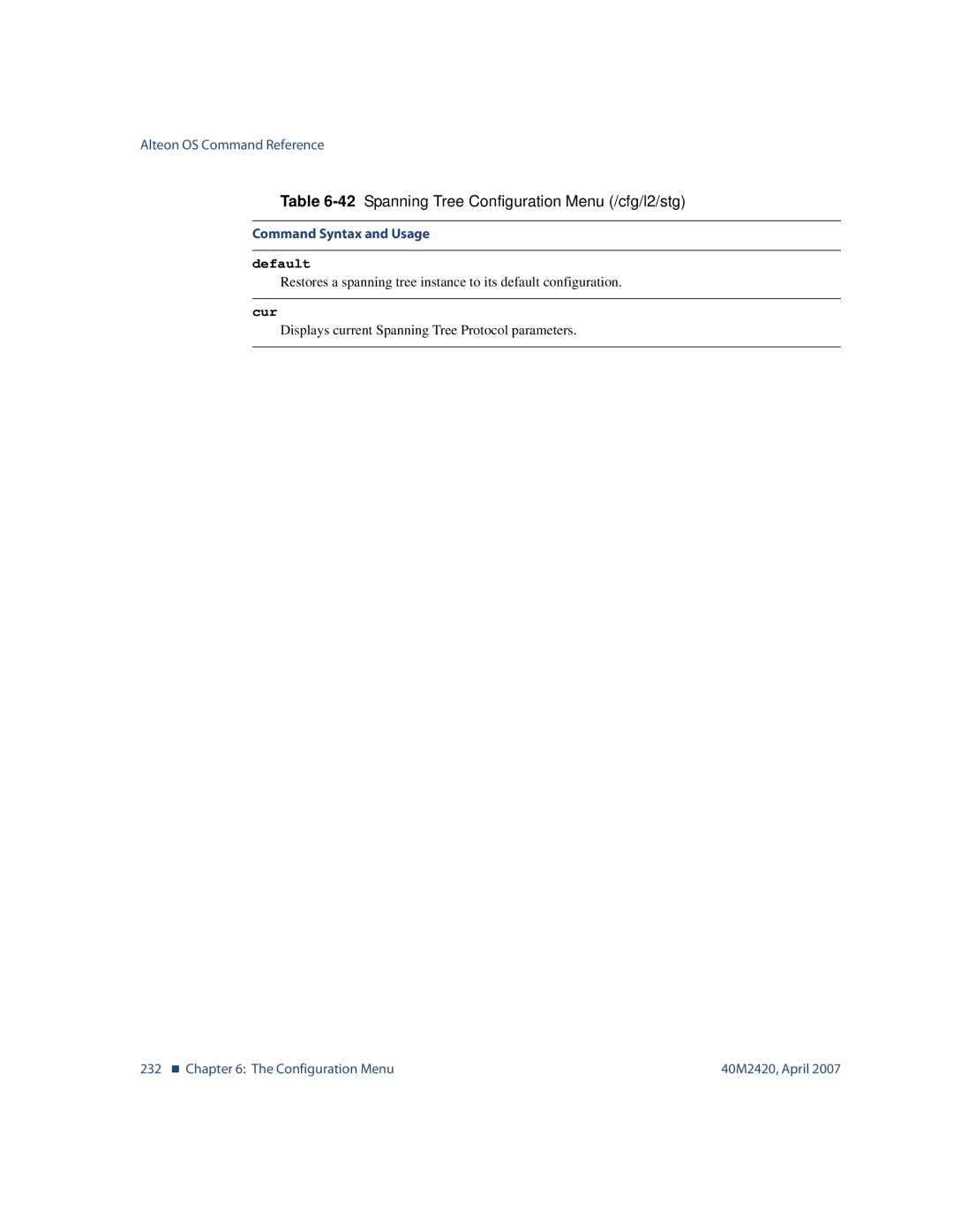 Nortel Networks 40M2420 manual 232 „ The Configuration Menu 