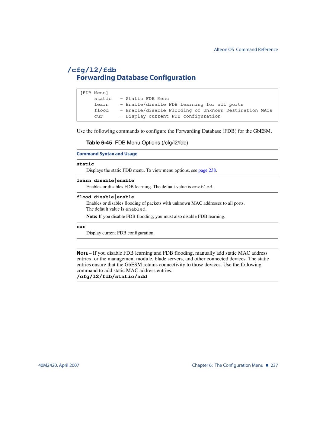 Nortel Networks 40M2420 manual Cfg/l2/fdb, Forwarding Database Configuration, 45FDB Menu Options /cfg/l2/fdb 