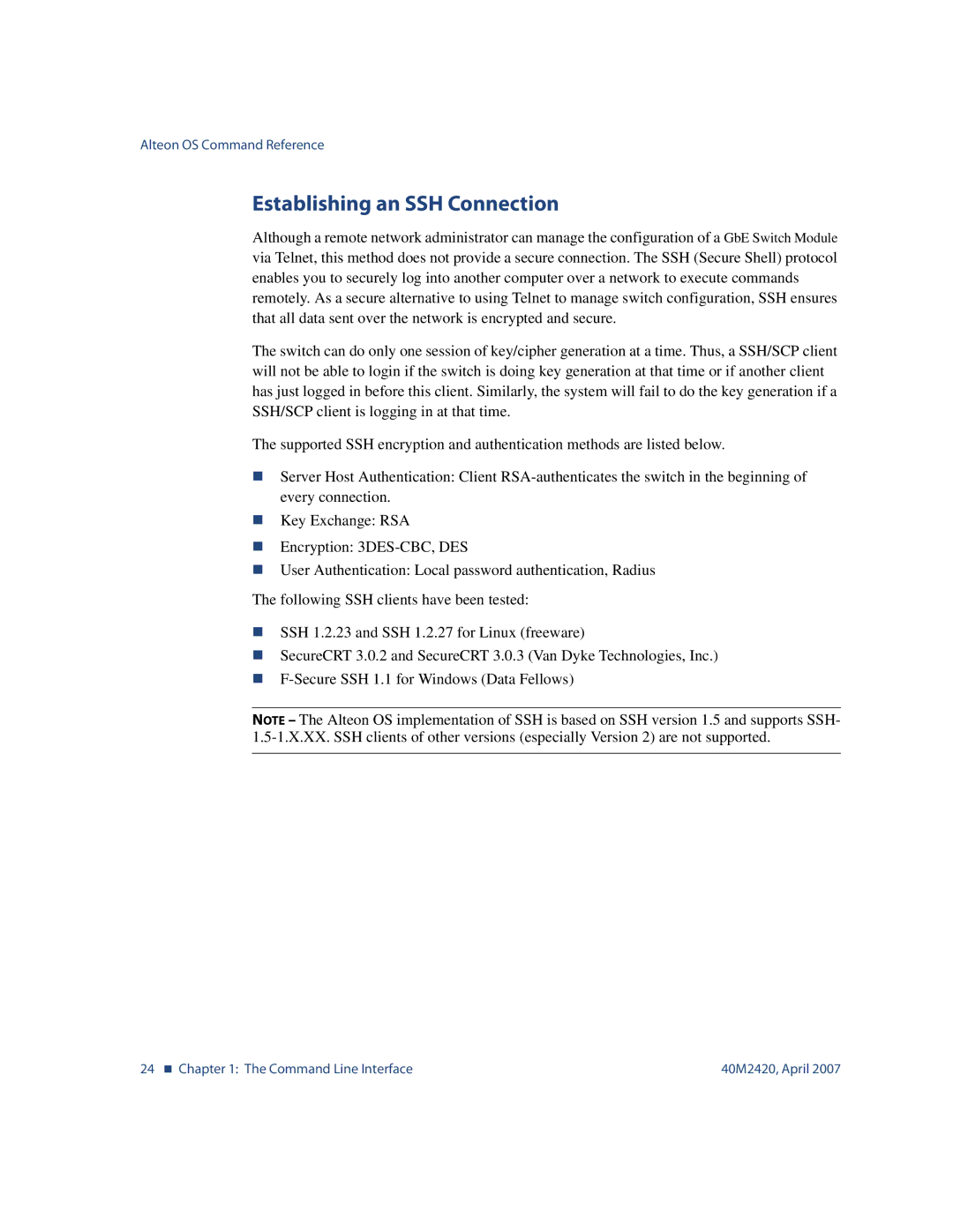 Nortel Networks 40M2420 manual Establishing an SSH Connection 