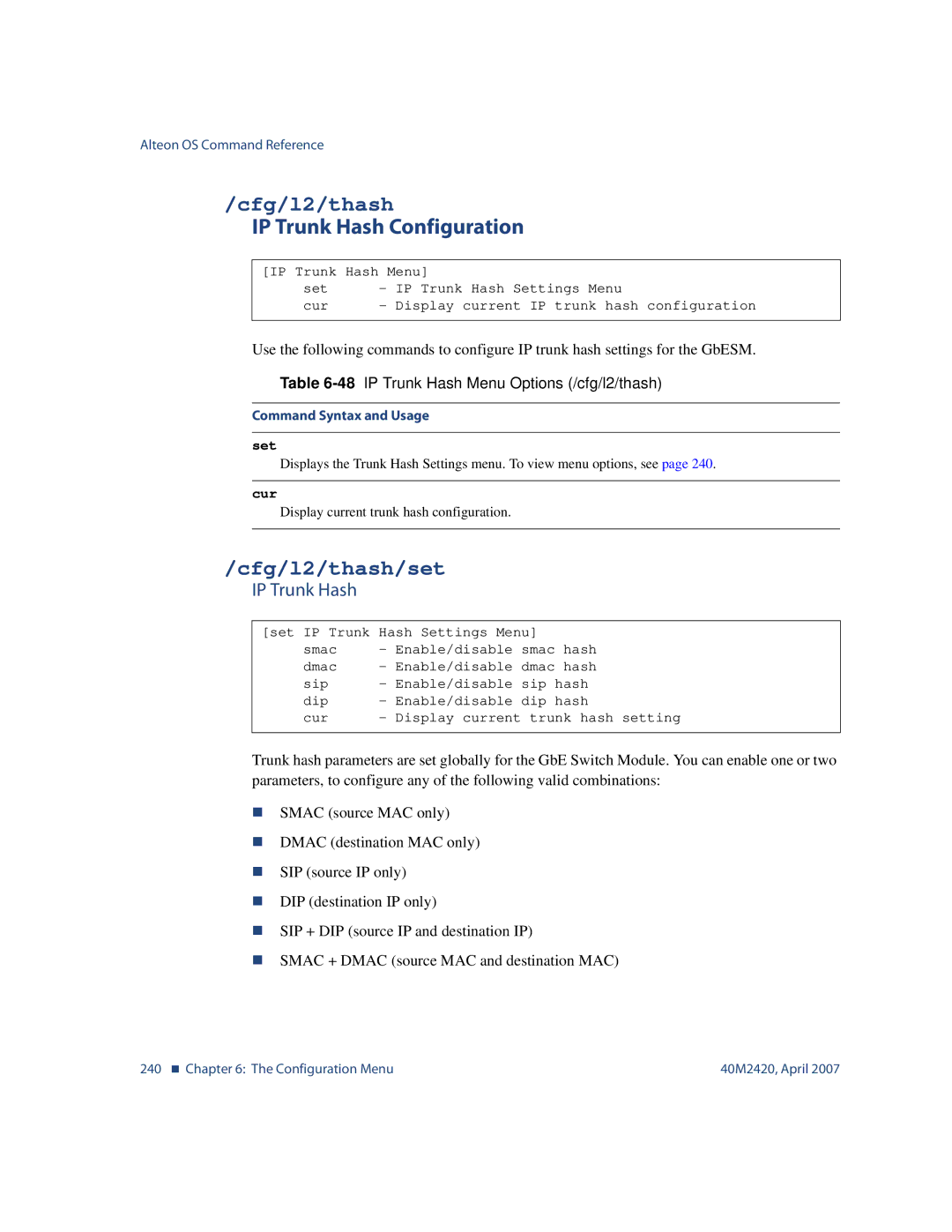 Nortel Networks 40M2420 IP Trunk Hash Configuration, Cfg/l2/thash/set, 48IP Trunk Hash Menu Options /cfg/l2/thash 