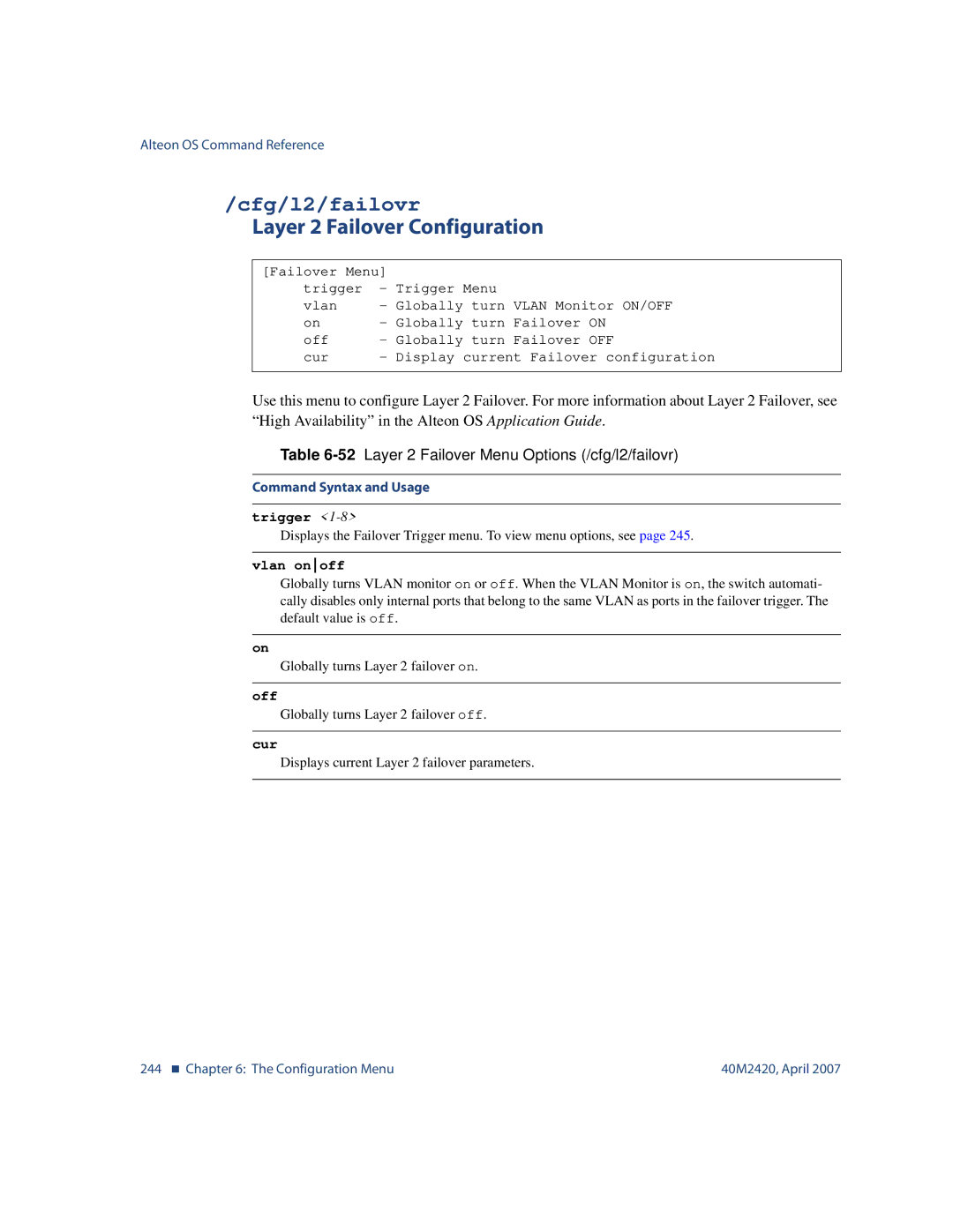 Nortel Networks 40M2420 Cfg/l2/failovr, Layer 2 Failover Configuration, 52Layer 2 Failover Menu Options /cfg/l2/failovr 