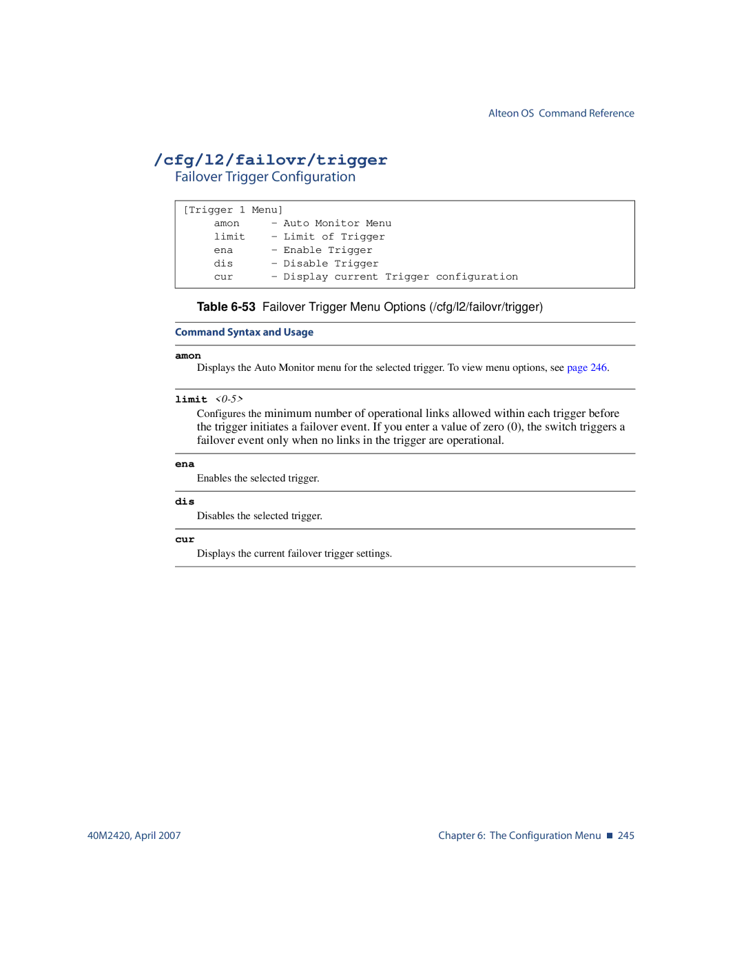 Nortel Networks 40M2420 manual Cfg/l2/failovr/trigger, Failover Trigger Configuration, Amon, Limit 