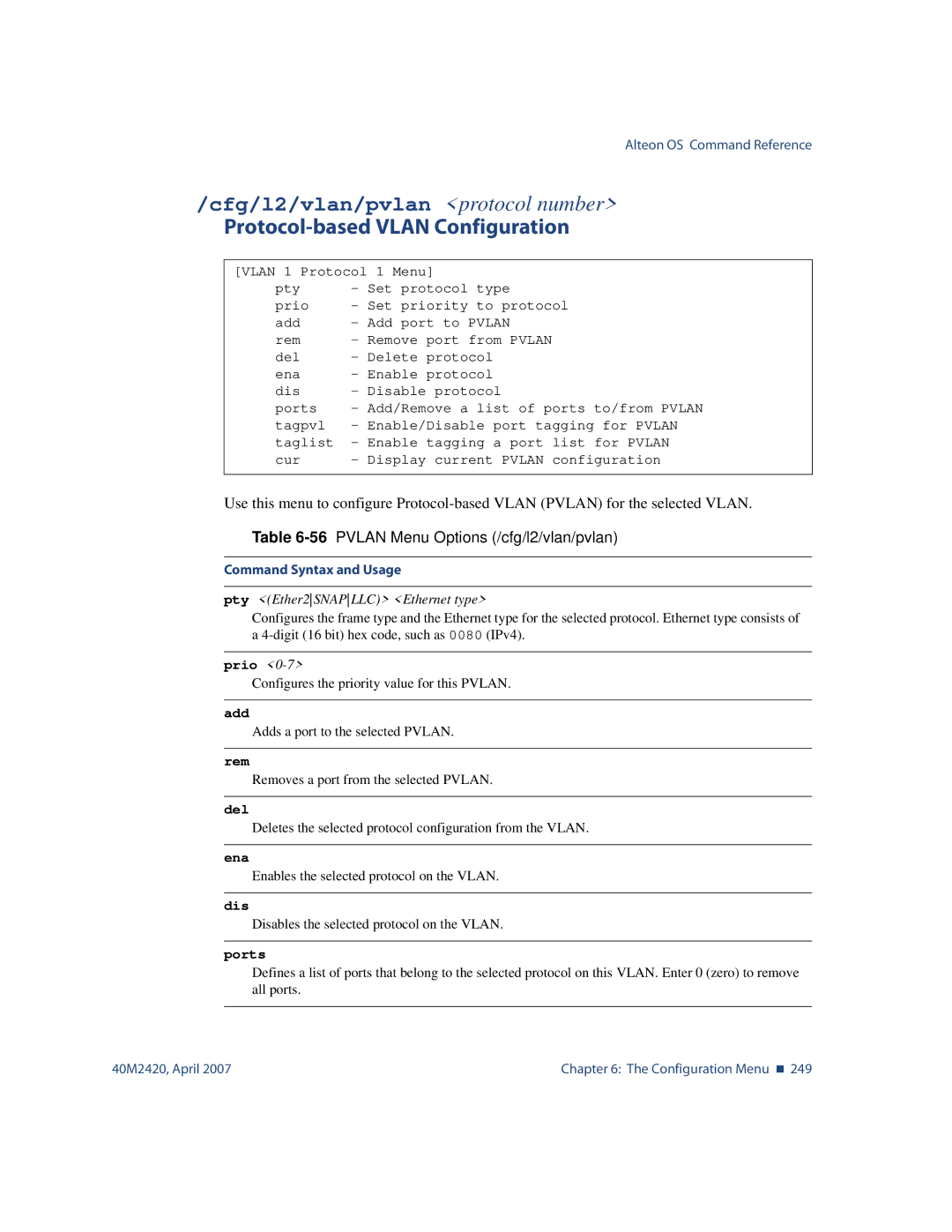 Nortel Networks 40M2420 manual Cfg/l2/vlan/pvlan protocol number, Protocol-based Vlan Configuration 