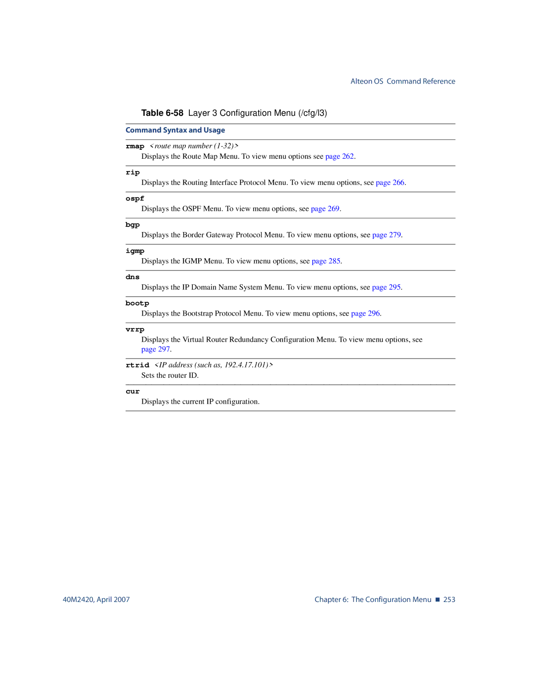 Nortel Networks 40M2420 manual Rmap route map number, Bootp, Rtrid IP address such as, 192.4.17.101 Sets the router ID 