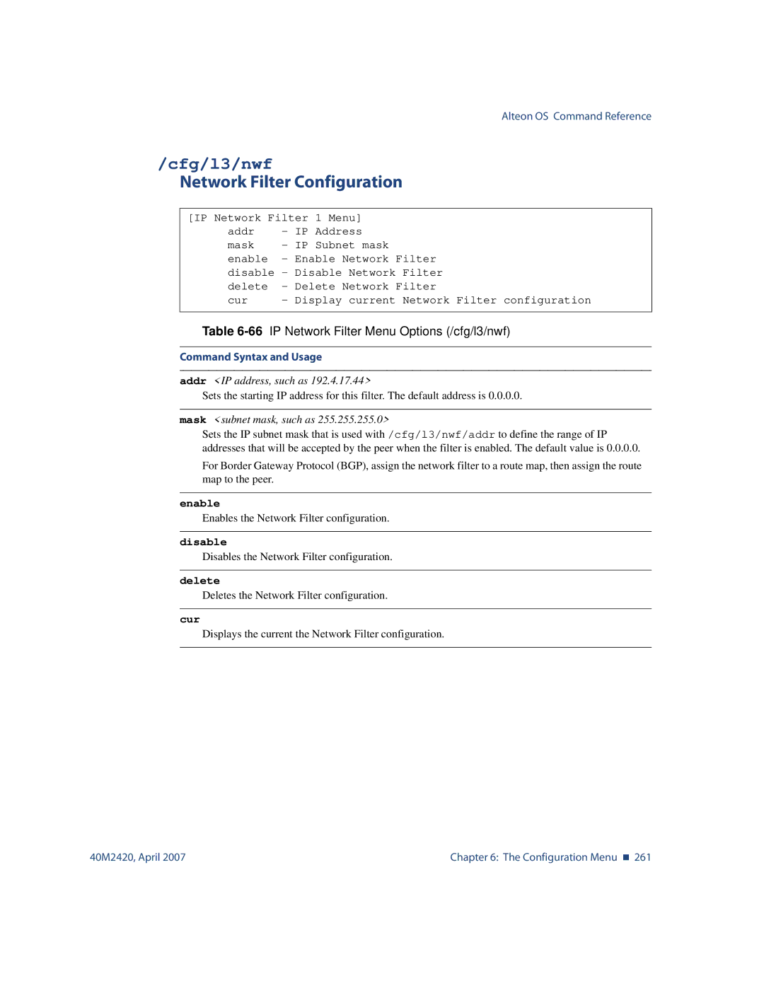 Nortel Networks 40M2420 manual Cfg/l3/nwf, Network Filter Configuration, 66IP Network Filter Menu Options /cfg/l3/nwf 