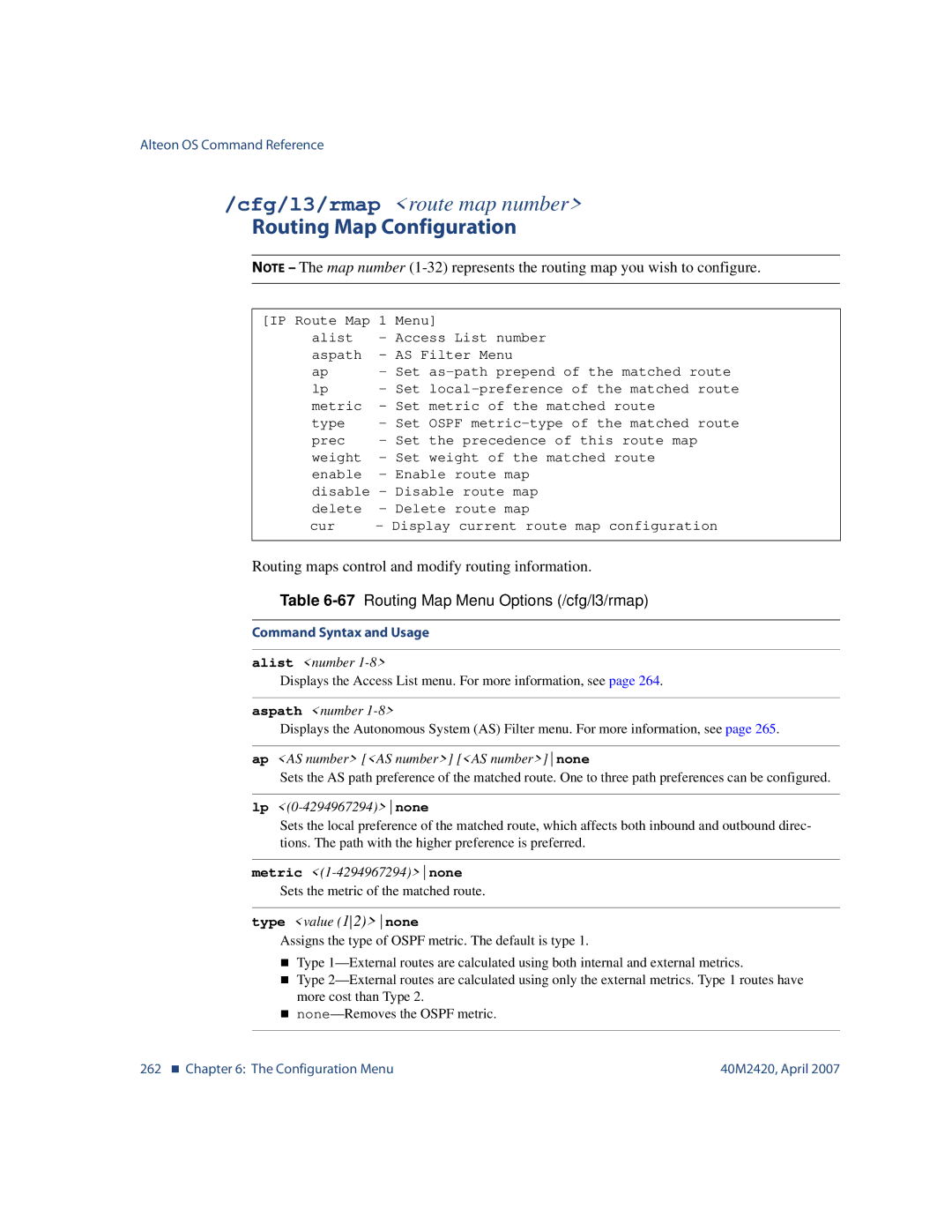 Nortel Networks 40M2420 manual Routing Map Configuration, 67Routing Map Menu Options /cfg/l3/rmap, Type value 12none 