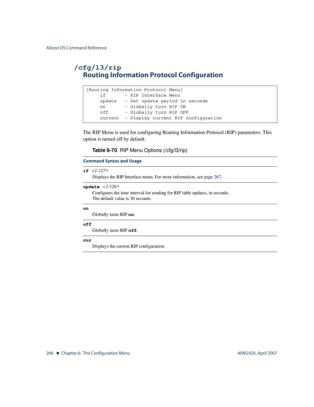 Nortel Networks 40M2420 Cfg/l3/rip, Routing Information Protocol Configuration, 70RIP Menu Options /cfg/l3/rip, Update 