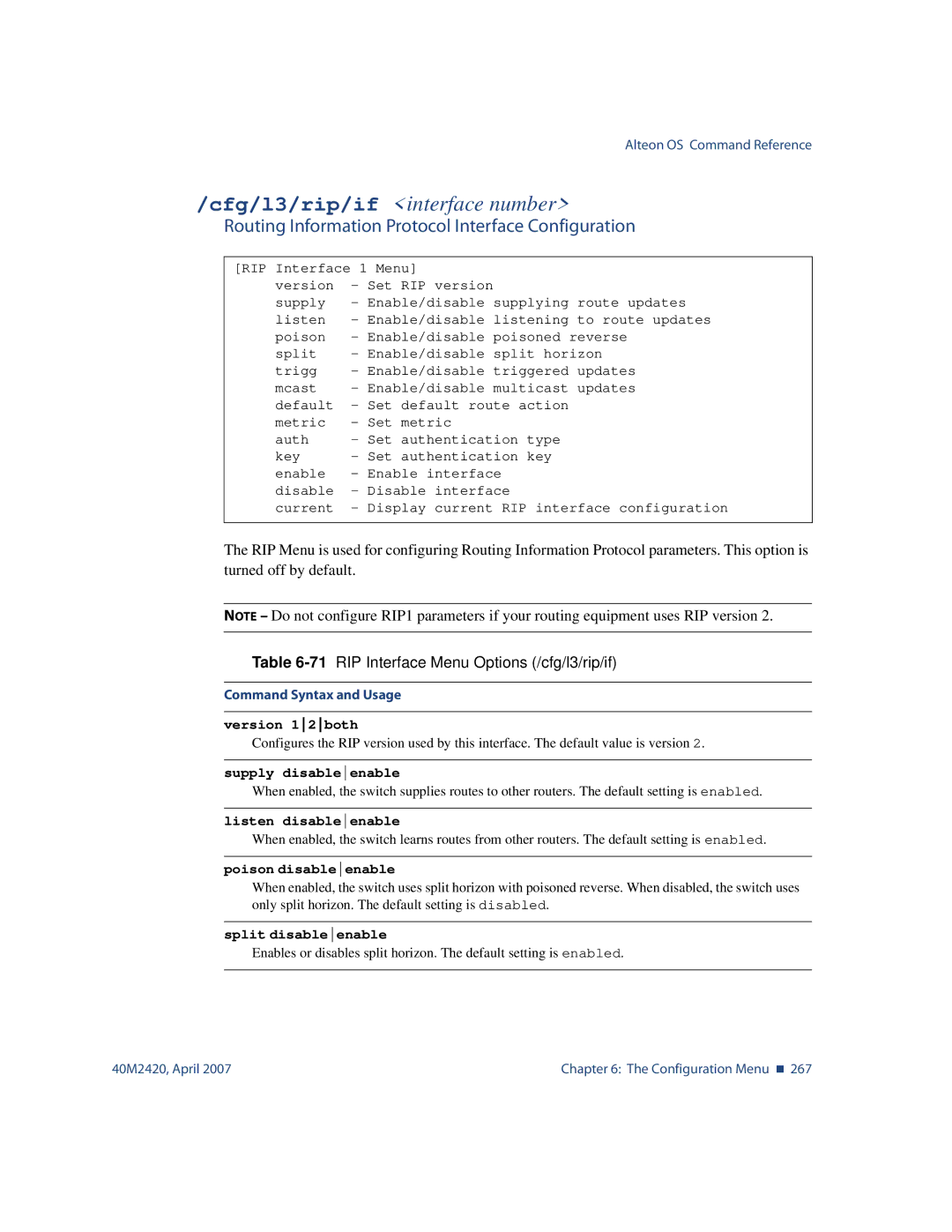 Nortel Networks 40M2420 Routing Information Protocol Interface Configuration, 71RIP Interface Menu Options /cfg/l3/rip/if 