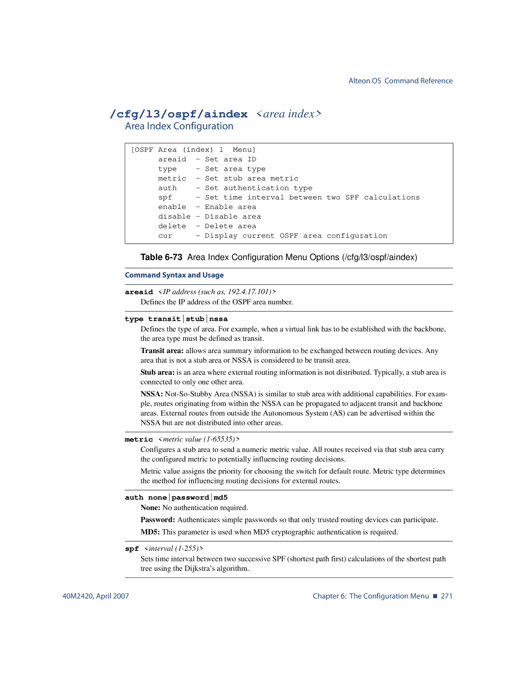 Nortel Networks 40M2420 manual Cfg/l3/ospf/aindex area index, Area Index Configuration, Type transitstubnssa 