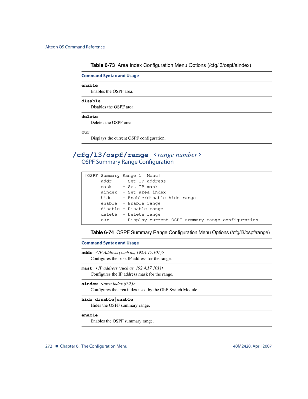 Nortel Networks 40M2420 manual Cfg/l3/ospf/range range number, Ospf Summary Range Configuration, Hide disableenable 