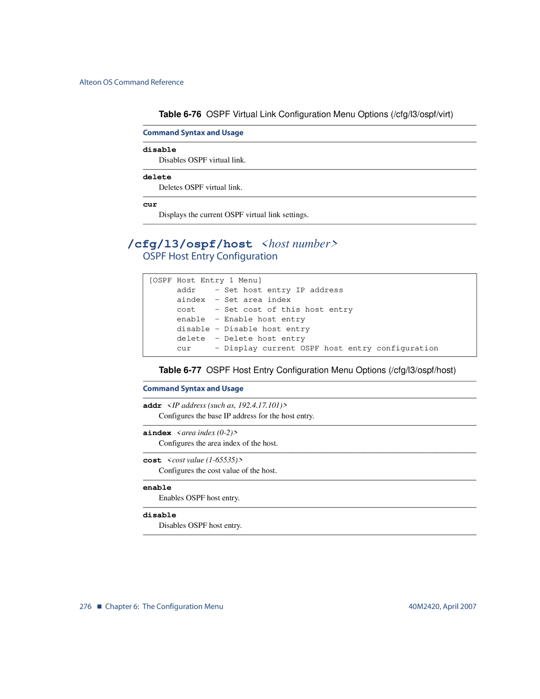 Nortel Networks 40M2420 manual Cfg/l3/ospf/host host number, Ospf Host Entry Configuration 