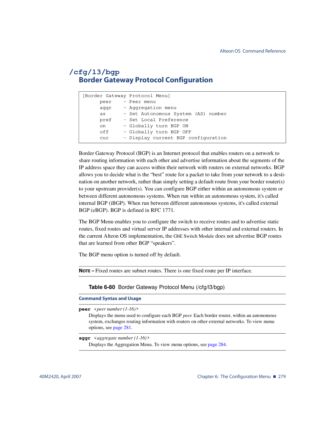 Nortel Networks 40M2420 Cfg/l3/bgp, Border Gateway Protocol Configuration, 80Border Gateway Protocol Menu /cfg/l3/bgp 