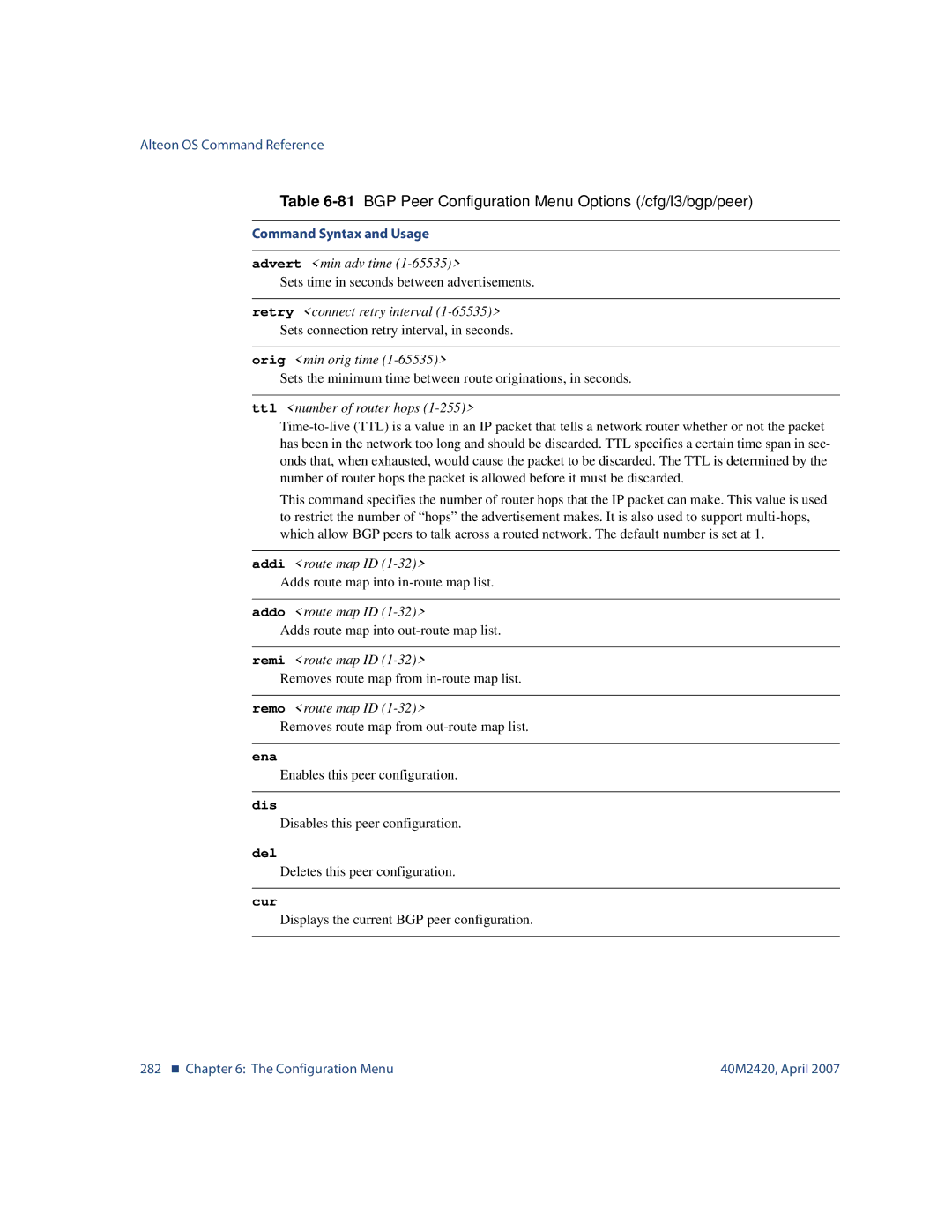 Nortel Networks 40M2420 Advert min adv time, Retry connect retry interval, Orig min orig time, Ttl number of router hops 