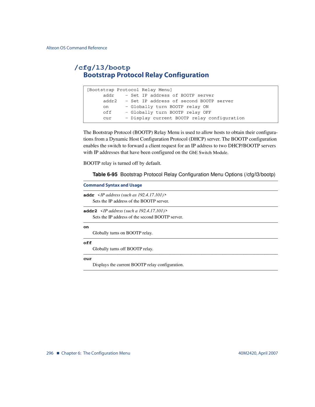 Nortel Networks 40M2420 manual Cfg/l3/bootp, Bootstrap Protocol Relay Configuration 