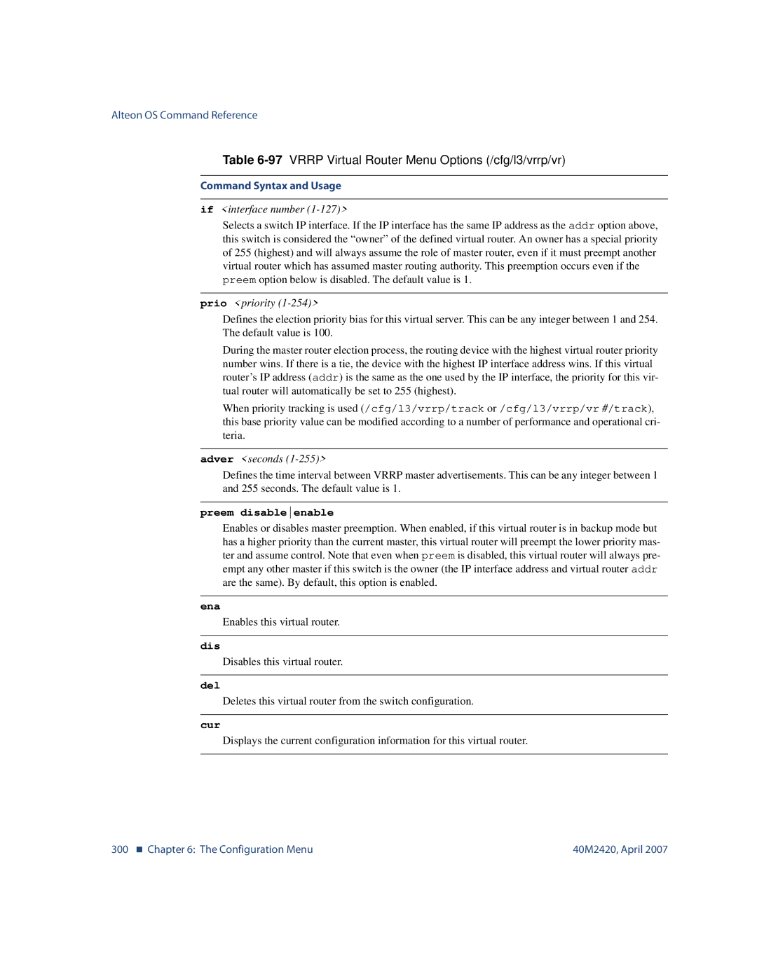 Nortel Networks 40M2420 manual Prio priority, Adver seconds, Preem disableenable 