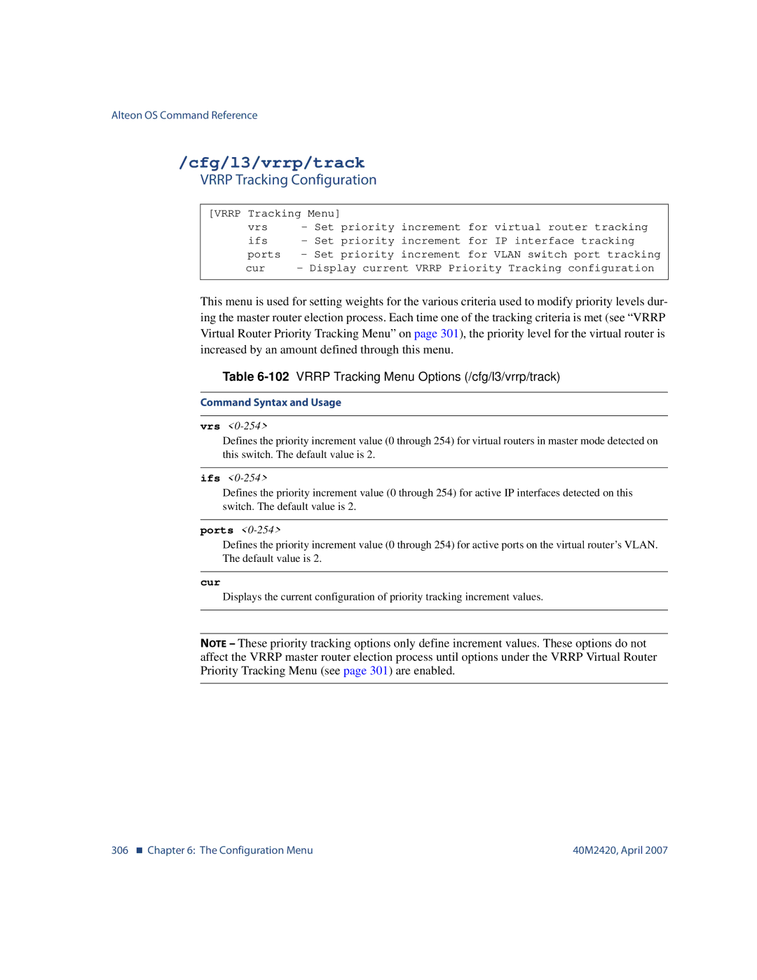 Nortel Networks 40M2420 Cfg/l3/vrrp/track, Vrrp Tracking Configuration, 102VRRP Tracking Menu Options /cfg/l3/vrrp/track 