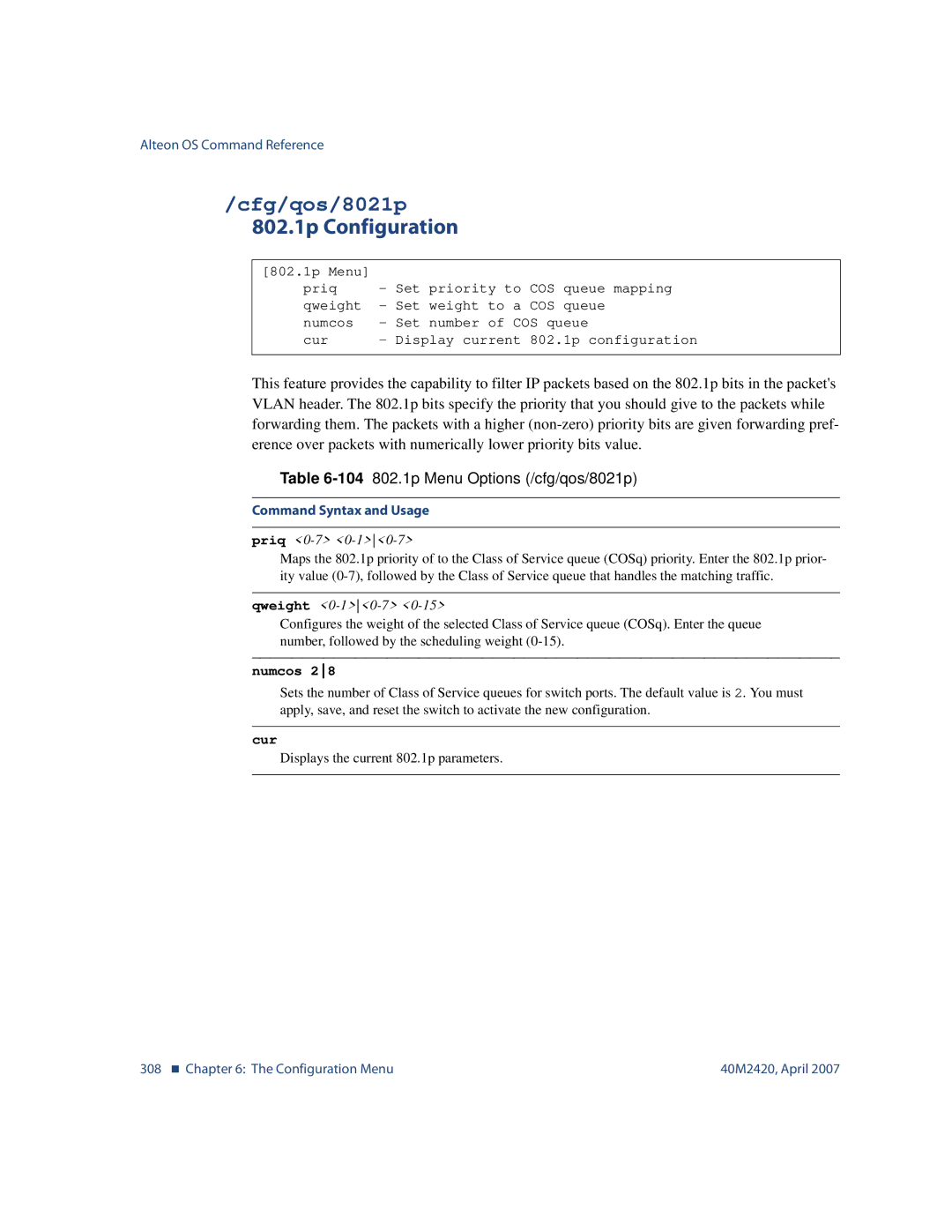 Nortel Networks 40M2420 manual Cfg/qos/8021p, 802.1p Configuration, 104802.1p Menu Options /cfg/qos/8021p, Numcos 