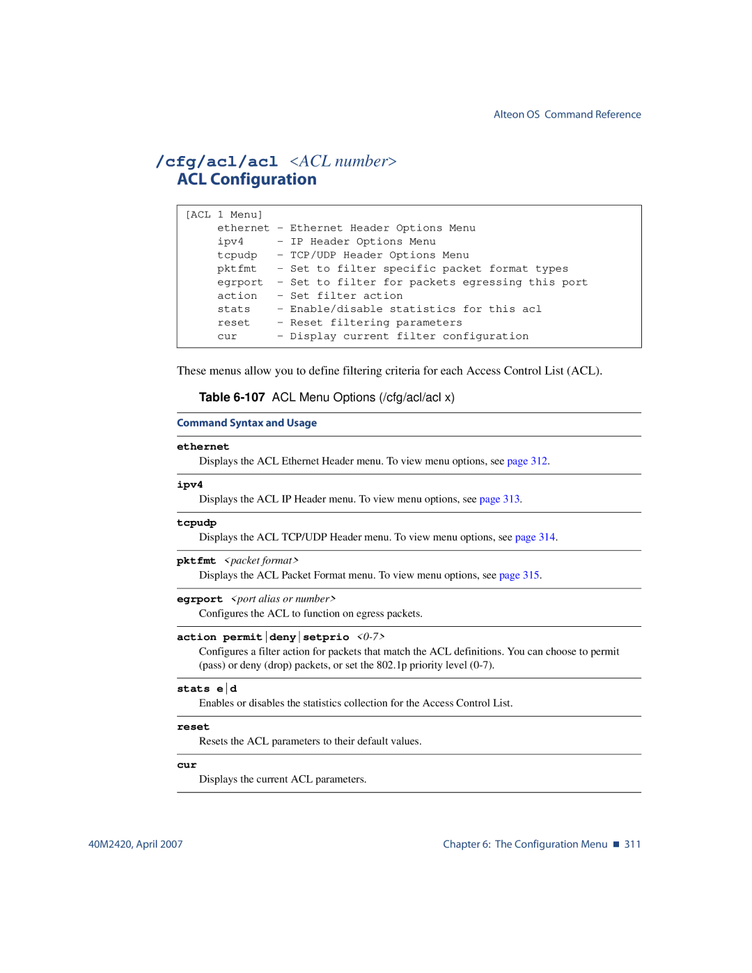 Nortel Networks 40M2420 manual Cfg/acl/acl ACL number, ACL Configuration, 107ACL Menu Options /cfg/acl/acl 