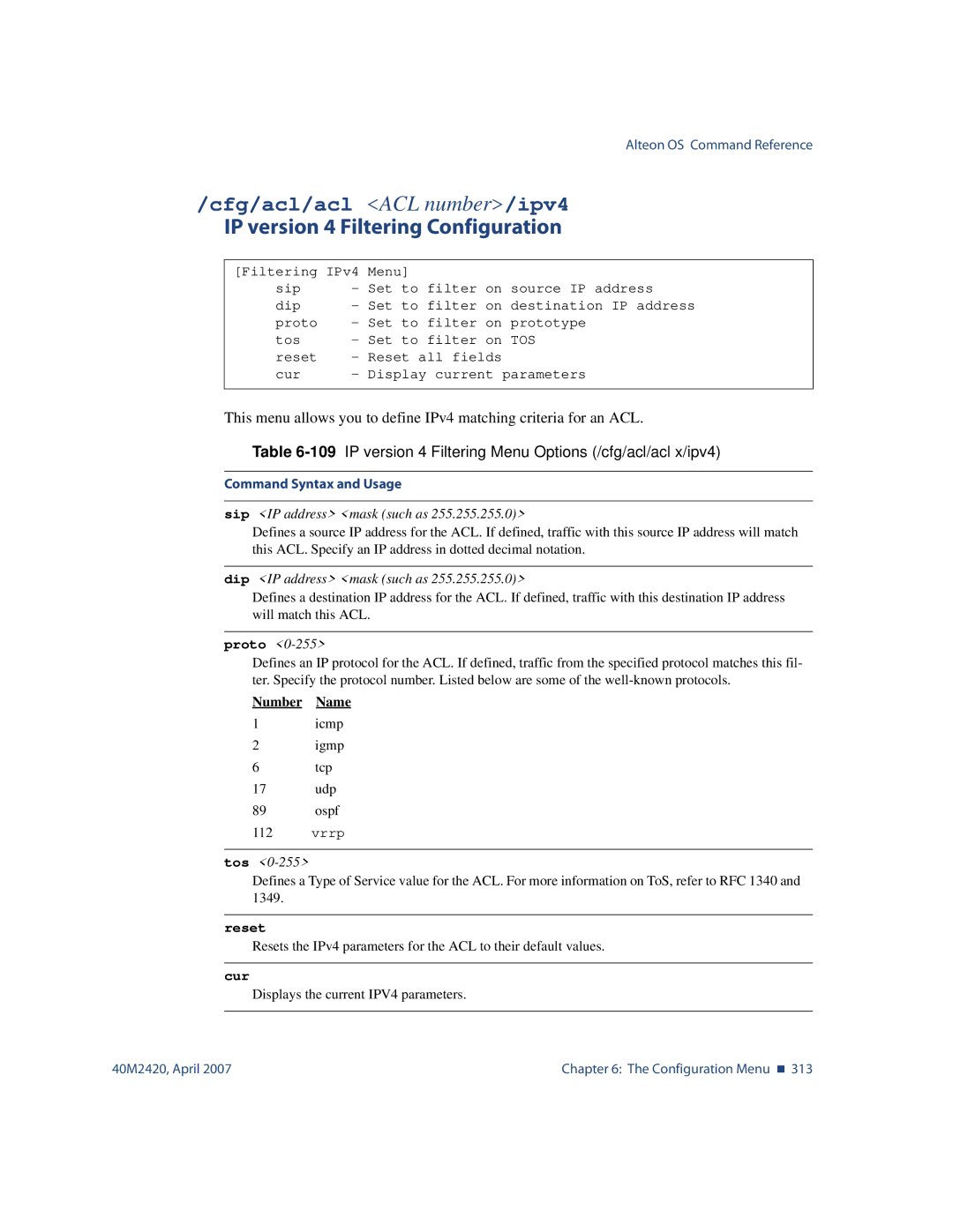 Nortel Networks 40M2420 manual Cfg/acl/acl ACL number/ipv4, IP version 4 Filtering Configuration 