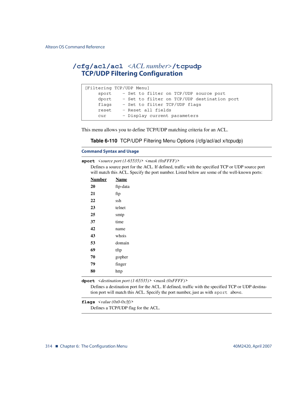 Nortel Networks 40M2420 manual Cfg/acl/acl ACL number/tcpudp, TCP/UDP Filtering Configuration 