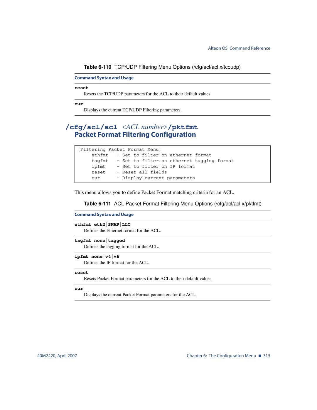 Nortel Networks 40M2420 manual Cfg/acl/acl ACL number/pktfmt, Packet Format Filtering Configuration, Ethfmt eth2SNAPLLC 