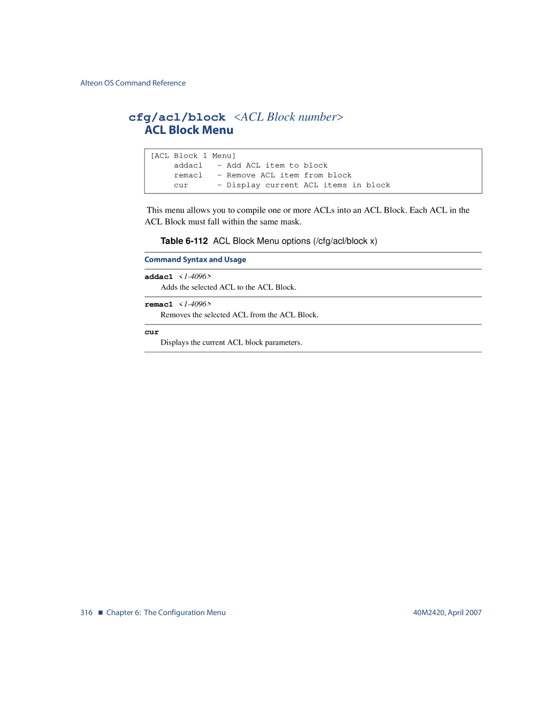 Nortel Networks 40M2420 manual 112ACL Block Menu options /cfg/acl/block, Addac1, Remac1 